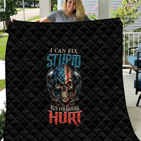 Black diamond-quilted throw quilt featuring a skull emblem and “HURT” wording in red.