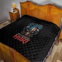 Black diamond-quilted bed quilt with skull graphic and “I CAN FIX STUPID” lettering.