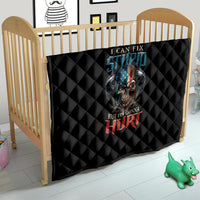 Black diamond-quilted quilt with centered skull design and red “HURT” text.
