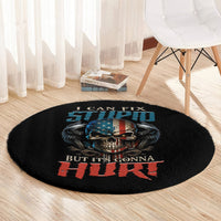 Round black carpet with skull artwork, wing accents, and red-blue quote lettering