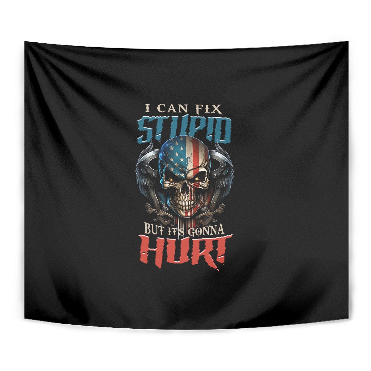 Black tapestry close-up with colorful skull graphic and slogan text.