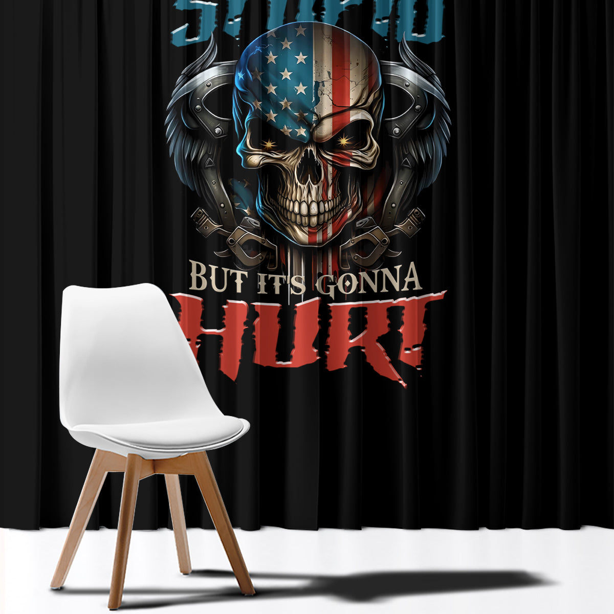 Black window curtain with blue-red skull graphic and bold slogan text, hanging straight