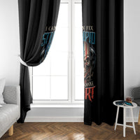 Black window curtain pair with skull graphic and blue-red slogan, draped on sides