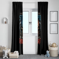 Black window curtain panels with centered skull graphic and blue-red slogan text