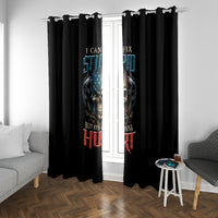 Black window curtain panels with skull graphic and blue-red slogan text, curtain rod top
