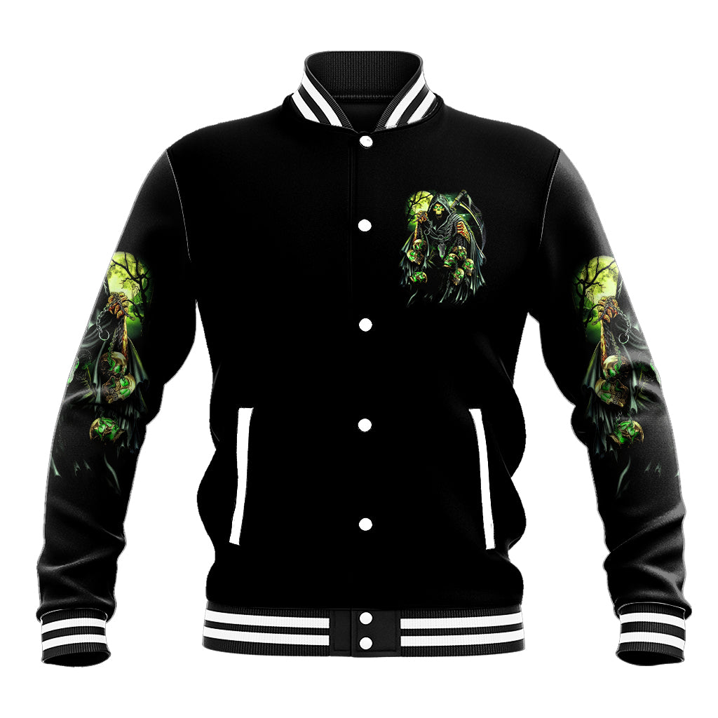 Black skull baseball jacket with green graphic, striped ribbed collar and cuffs