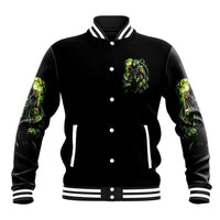 Black skull baseball jacket with green graphic, striped ribbed collar and cuffs