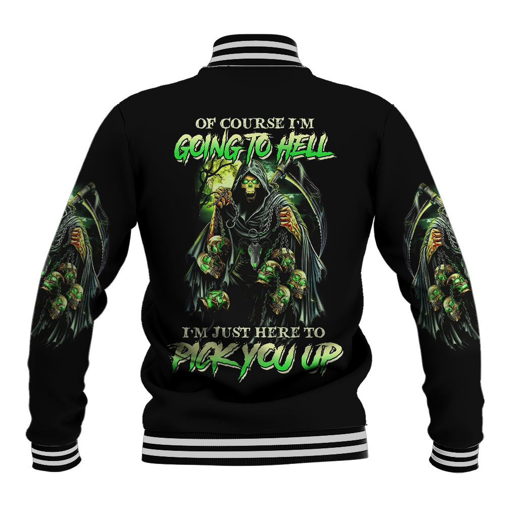 Back of black baseball jacket with skull text graphic and striped ribbed hem