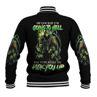 Back of black baseball jacket with skull text graphic and striped ribbed hem