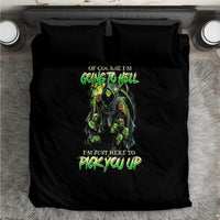 Black duvet bedding set with green skull-and-scythe art and 'Pick you up' text, two pillows