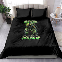 Black skull bedding set with green devil graphic and bold text, includes two pillowcases