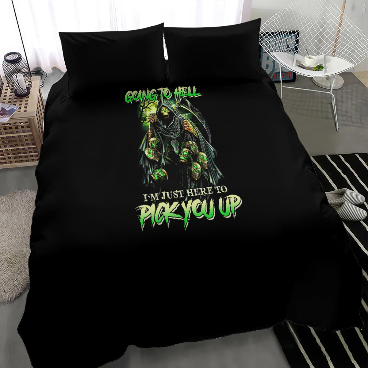 Black bedding set with central green character print and 'Going to Hell' and 'Pick you up' text