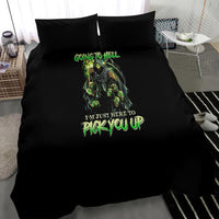 Black bedding set with central green character print and 'Going to Hell' and 'Pick you up' text