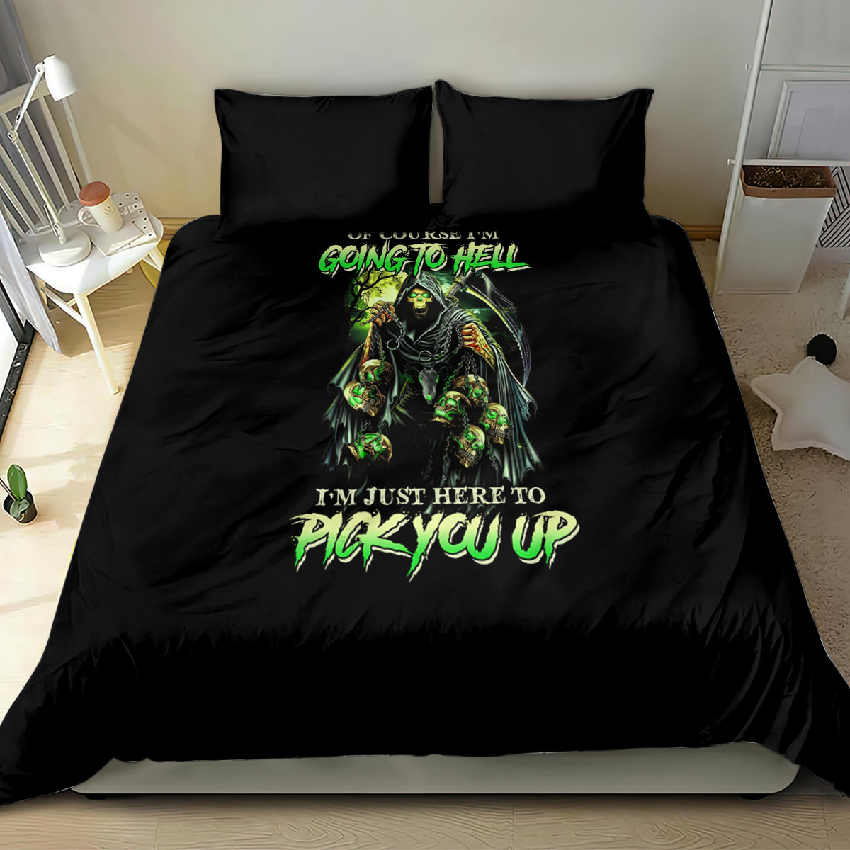 Black skull bedding set with green gothic character graphic on duvet and two matching pillows