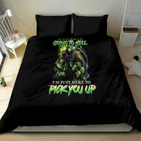 Black skull bedding set with green gothic character graphic on duvet and two matching pillows