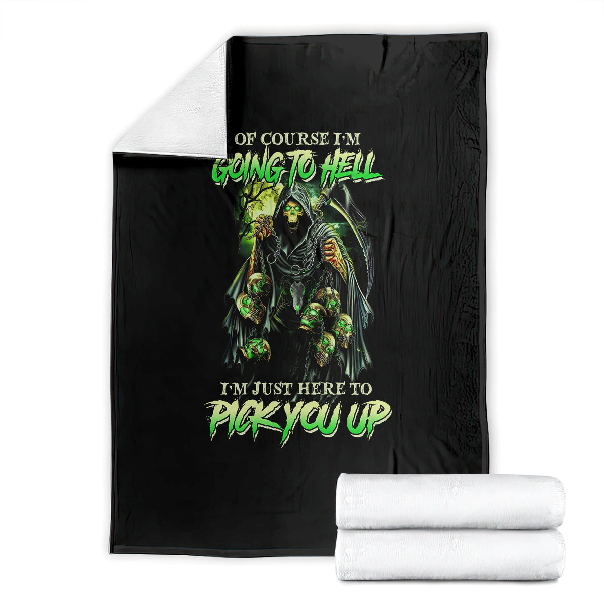 Black skull graphic blanket with neon green text, shown flat with folded stacks