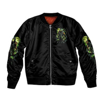 Black unisex bomber jacket, green skull front print, zip front