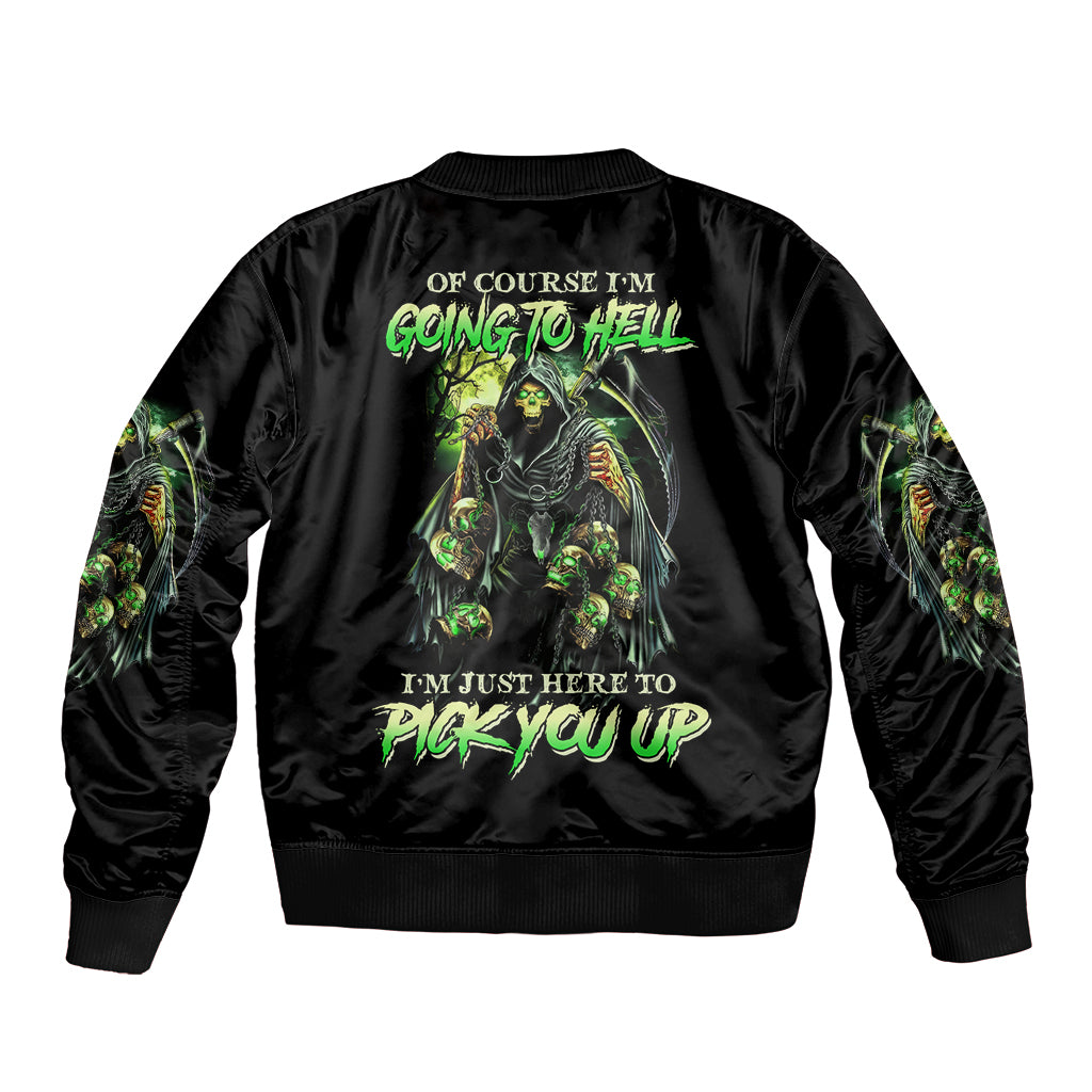 Black unisex bomber jacket, back graphic with text and skeleton, ribbed hem