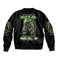 Black unisex bomber jacket, back graphic with text and skeleton, ribbed hem
