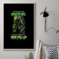 Skull canvas wall art with green neon text and demon figure, in black frame