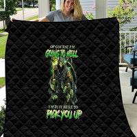 Black quilt blanket with diamond quilting and green skull illustration with neon text