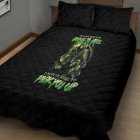 Black quilt bed set with neon skull graphic on comforter and matching pillowcases
