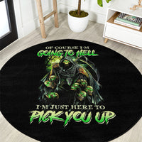 Black round carpet featuring multicolor skull angel artwork with bright green lettering