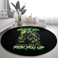 Black round carpet with multicolor skull angel graphic and “FUCK YOU UP” text