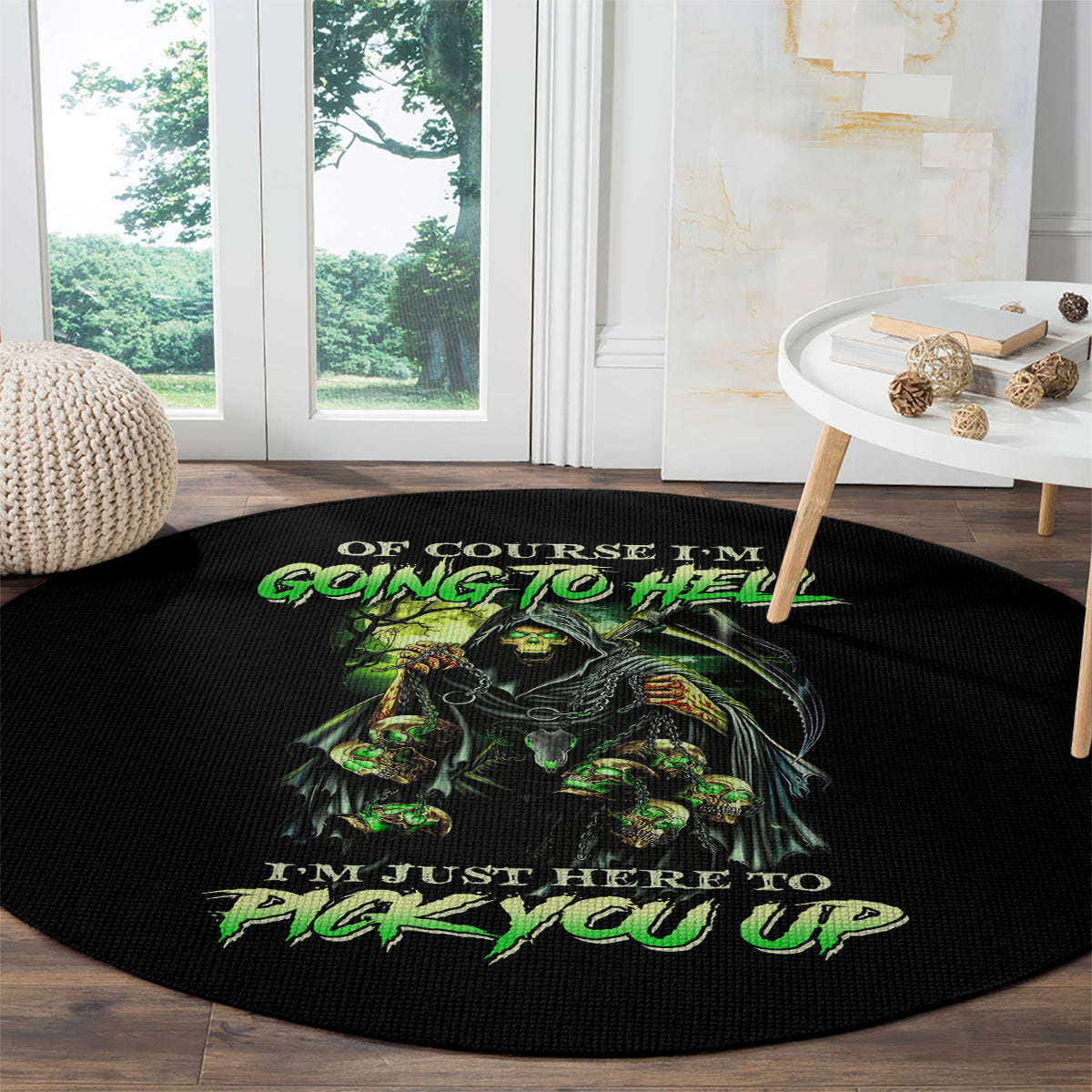 Black round carpet with multicolor skull angel graphic and “GOING TO HELL” lettering