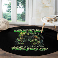 Black round carpet with multicolor skull angel graphic and “GOING TO HELL” lettering