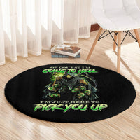 Black round carpet with multicolor skull angel graphic and green slogan text