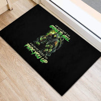 Black rubber doormat with green skull and 'going to hell' graphic