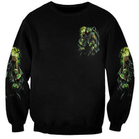 Unisex black skull sweatshirt with neon green graphic on chest and sleeves