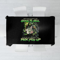 Black tablecloth featuring a centered green skull graphic, rectangular fold view