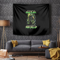 Black rectangular tapestry with centered skull-warrior artwork and green neon lettering