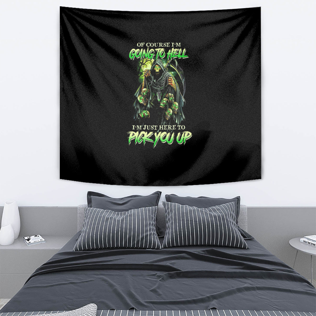 Black skull tapestry with green neon figure and text, rectangular hanging wall decor