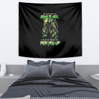 Black skull tapestry with green neon figure and text, rectangular hanging wall decor