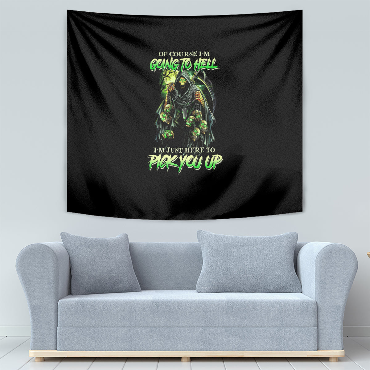 Black tapestry hanging flat with green neon skull figure and stacked slogan text