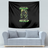 Black tapestry hanging flat with green neon skull figure and stacked slogan text