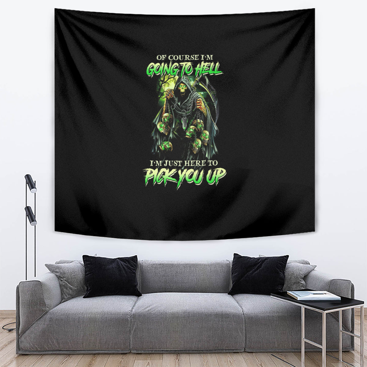 Black skull tapestry with green neon figure and glowing text, rectangular wall hanging