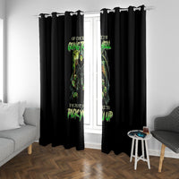 Black window curtains with neon green skull print, hook-hung, with vertical text