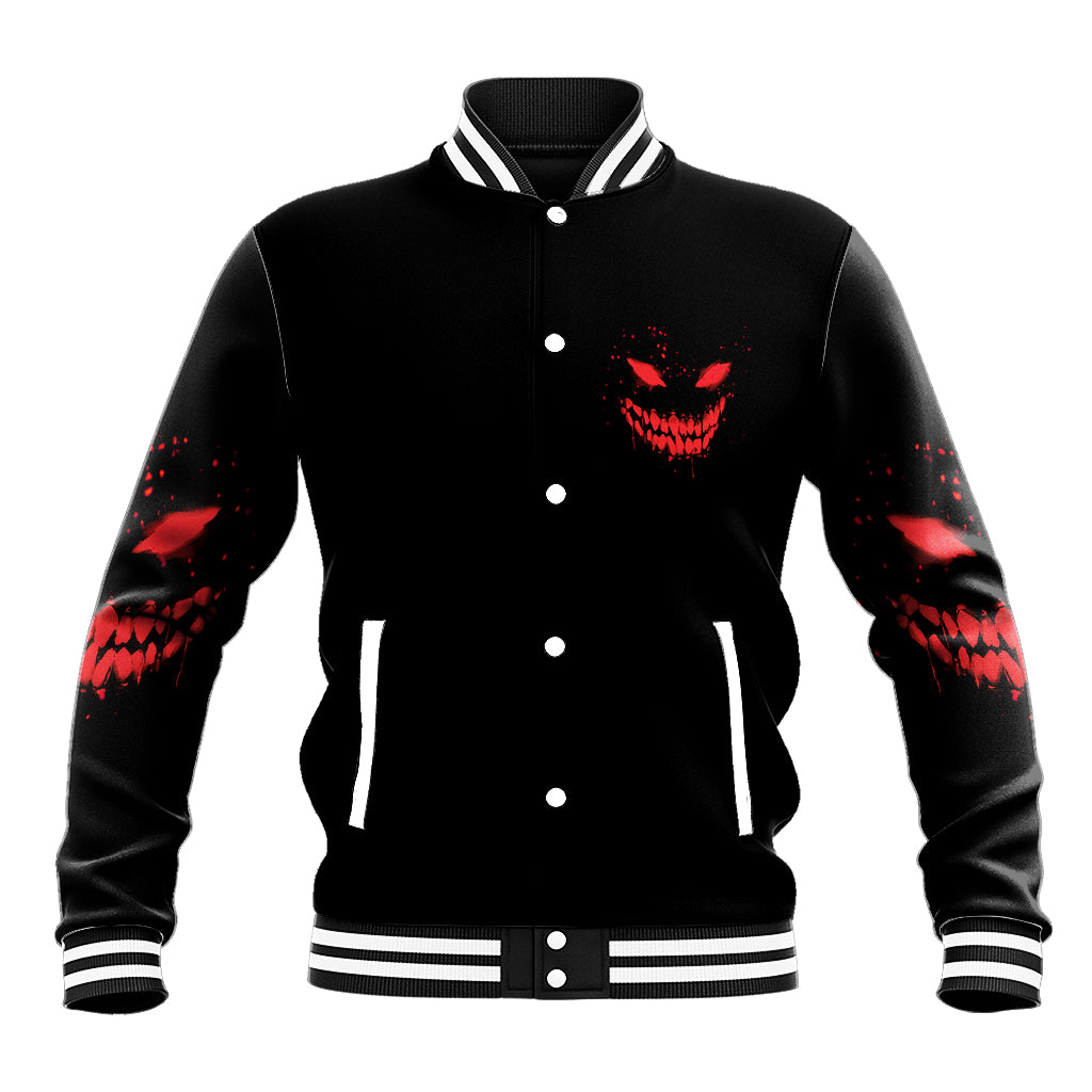 Black baseball jacket with red demon-face graphic, ribbed striped collar and cuffs