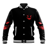 Black baseball jacket with red demon-face graphic, ribbed striped collar and cuffs