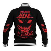 Black baseball jacket with red back graphic and text, ribbed striped hem and cuffs