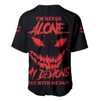Black baseball jersey back with large red demon-style print