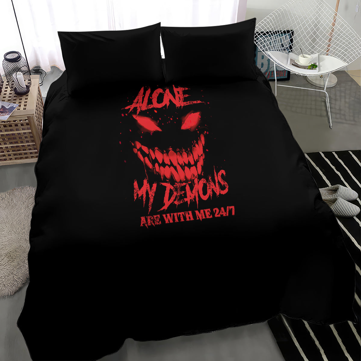 Black bedding set with red skull print and text on duvet and two pillowcases