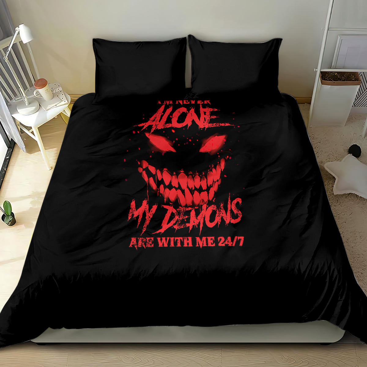 Black duvet cover featuring red skull graphic and text, paired with two pillowcases