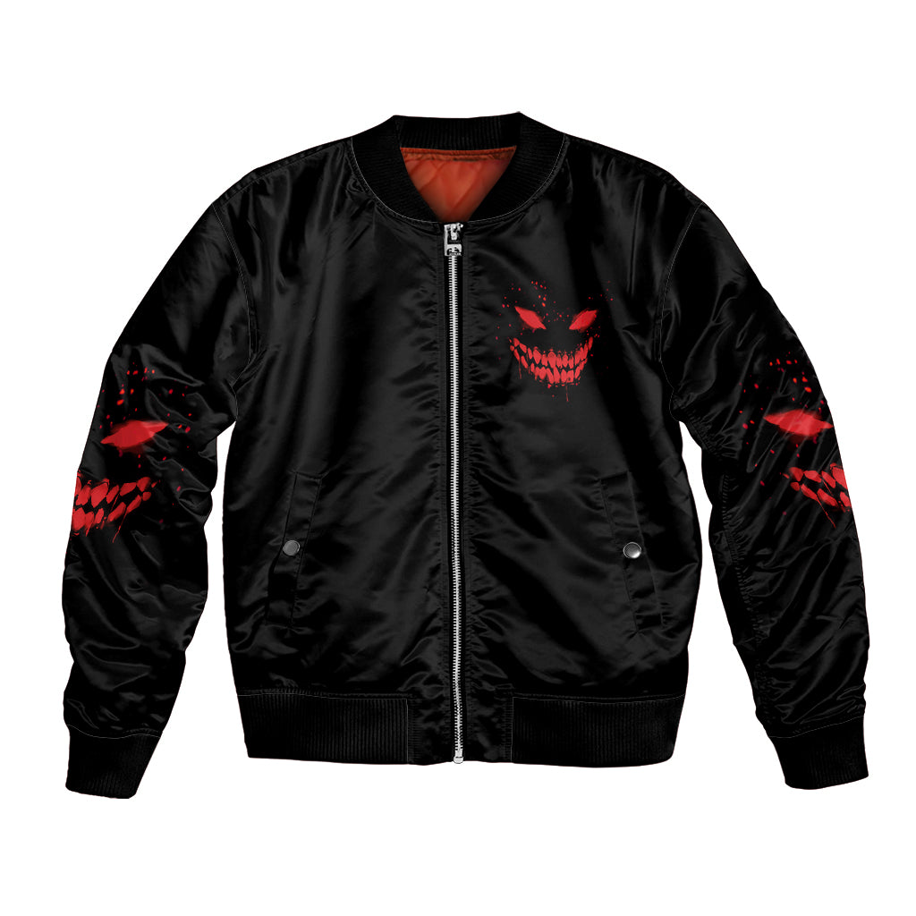 Unisex black bomber jacket with red graphic skull on front