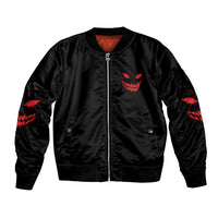 Unisex black bomber jacket with red graphic skull on front