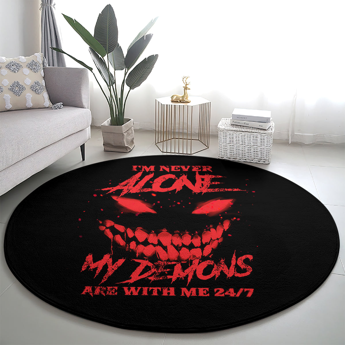 Round black carpet with red demon graphic and “24/7” slogan text